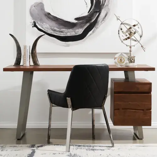 Arya II Carbon Black Vegan Leather Dining Chair - Black Nickel Metal Legs