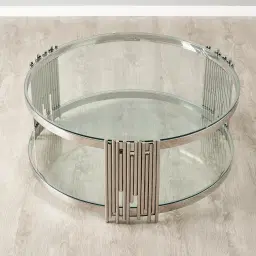 Lindsay Polished Stainless Steel Round Coffee Table - Clear Glass Top