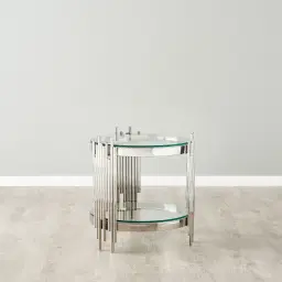 Lindsay Polished Stainless Steel Round Side Table - Clear Glass Top