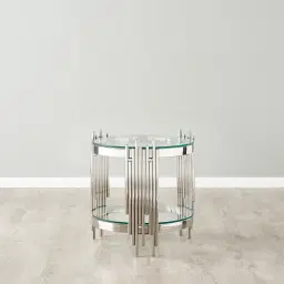 Lindsay Polished Stainless Steel Round Side Table - Clear Glass Top