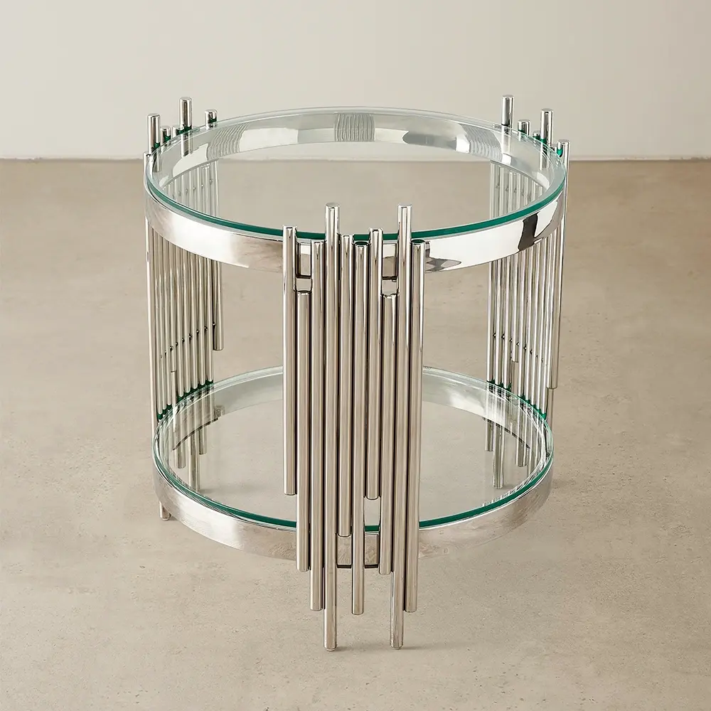 Lindsay Polished Stainless Steel Round Side Table - Clear Glass Top