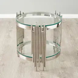 Lindsay Polished Stainless Steel Round Side Table - Clear Glass Top