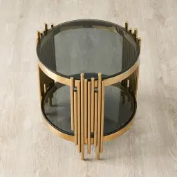 Lindsay Polished Gold Stainless Steel Round Side Table - Smoke Glass Top