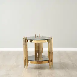 Lindsay Polished Gold Stainless Steel Round Side Table - Smoke Glass Top