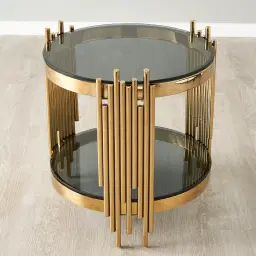 Lindsay Polished Gold Stainless Steel Round Side Table - Smoke Glass Top