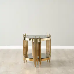 Lindsay Polished Gold Stainless Steel Round Side Table - Smoke Glass Top