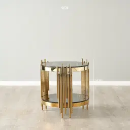 Lindsay Polished Gold Stainless Steel Round Side Table - Smoke Glass Top