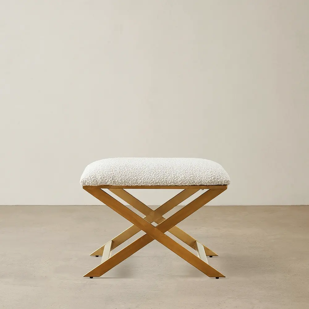 Elle Cream Boucle Ottoman - Brushed Gold Stainless Steel Legs