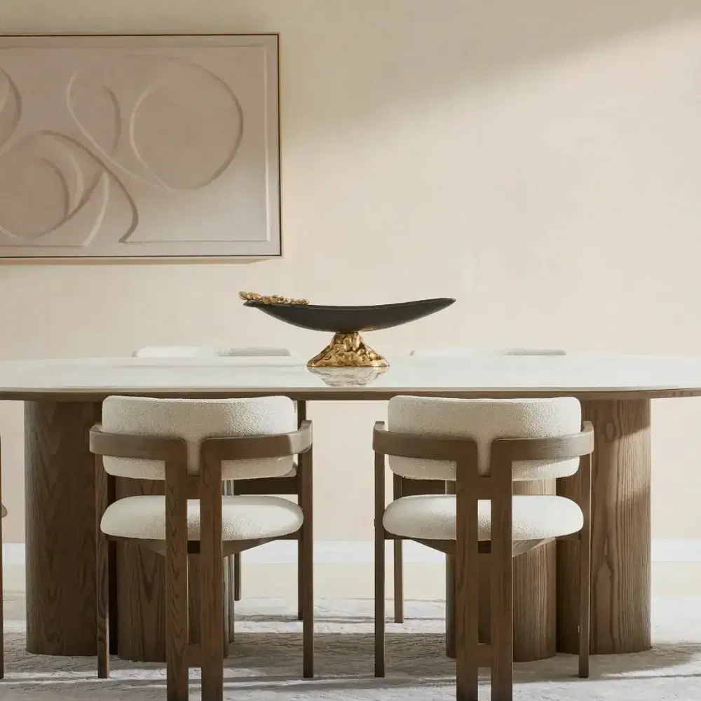 Terzetto Pandora Brown Sintered Stone Curved Dining Table- Medium Brown Wooden Legs