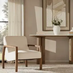 Astrid Chantilly White Fabric Wood Armchair - Maple Brown Legs