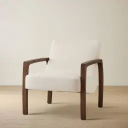 Astrid Chantilly White Fabric Wood Armchair - Maple Brown Legs