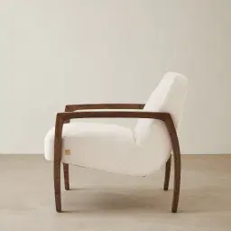 Astrid Chantilly White Fabric Wood Armchair - Maple Brown Legs