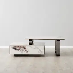 Marbella 2-Layered Cold Calacatta White Sintered Stone Coffee Table - Black Nickel Frame