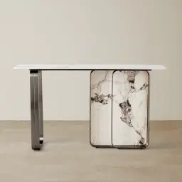 Marbella Cold Calacatta White Sintered Stone Console Table - Black Nickel Frame
