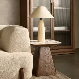 Anda Travertine Table Lamp - Beige Linen Lamp Shade