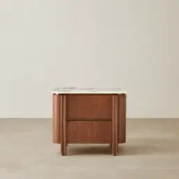 Portobello Toffee Brown Ash Veneer Bedside Table - Pandora Brown Sintered Stone Top