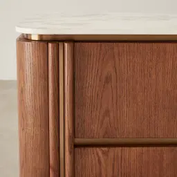 Portobello Toffee Brown Ash Veneer Bedside Table - Pandora Brown Sintered Stone Top