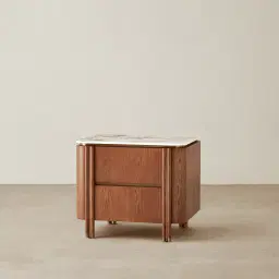 Portobello Toffee Brown Ash Veneer Bedside Table - Pandora Brown Sintered Stone Top
