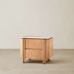 Portobello Light Brown Ash Veneer Bedside Table - Pandora Brown Sintered Stone Top