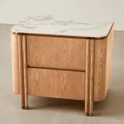 Portobello Light Brown Ash Veneer Bedside Table - Pandora Brown Sintered Stone Top