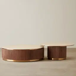 San Pierre Walnut Veneer High Round Coffee Table with Travertine Finish Sintered Stone Top