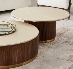 San Pierre Walnut Veneer High Round Coffee Table with Travertine Finish Sintered Stone Top