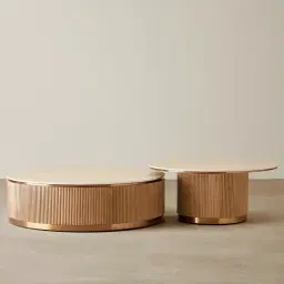 San Pierre Light Brown Ash Veneer High Round Coffee Table with Travertine Finish Sintered Stone Top