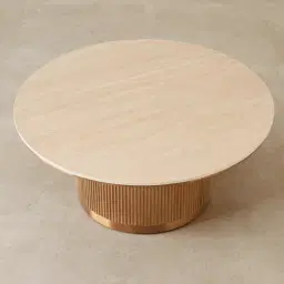 San Pierre Light Brown Ash Veneer High Round Coffee Table with Travertine Finish Sintered Stone Top