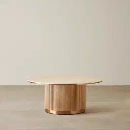 San Pierre Light Brown Ash Veneer High Round Coffee Table with Travertine Finish Sintered Stone Top