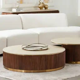 San Pierre Walnut Veneer Low Round Coffee Table with Travertine Finish Sintered Stone Top