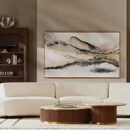 San Pierre Walnut Veneer Low Round Coffee Table with Travertine Finish Sintered Stone Top