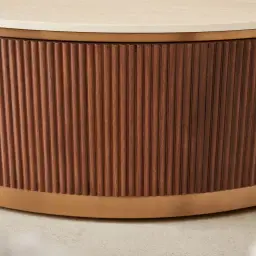 San Pierre Walnut Veneer Low Round Coffee Table with Travertine Finish Sintered Stone Top