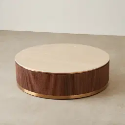 San Pierre Walnut Veneer Low Round Coffee Table with Travertine Finish Sintered Stone Top