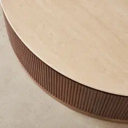 San Pierre Walnut Veneer Low Round Coffee Table with Travertine Finish Sintered Stone Top