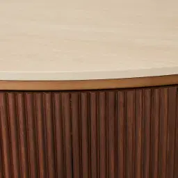 San Pierre Walnut Veneer Low Round Coffee Table with Travertine Finish Sintered Stone Top