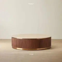 San Pierre Walnut Veneer Low Round Coffee Table with Travertine Finish Sintered Stone Top