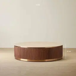 San Pierre Walnut Veneer Low Round Coffee Table with Travertine Finish Sintered Stone Top