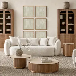 San Pierre Light Brown Ash Veneer Low Round Coffee Table with Travertine Finish Sintered Stone Top