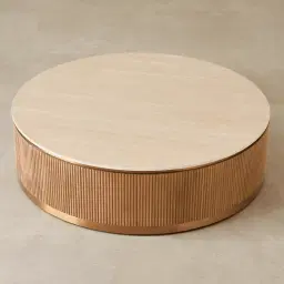 San Pierre Light Brown Ash Veneer Low Round Coffee Table with Travertine Finish Sintered Stone Top