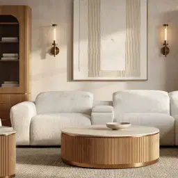 San Pierre Light Brown Ash Veneer Low Round Coffee Table with Travertine Finish Sintered Stone Top