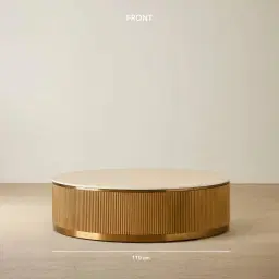 San Pierre Light Brown Ash Veneer Low Round Coffee Table with Travertine Finish Sintered Stone Top