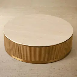 San Pierre Light Brown Ash Veneer Low Round Coffee Table with Travertine Finish Sintered Stone Top