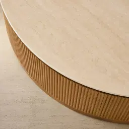 San Pierre Light Brown Ash Veneer Low Round Coffee Table with Travertine Finish Sintered Stone Top
