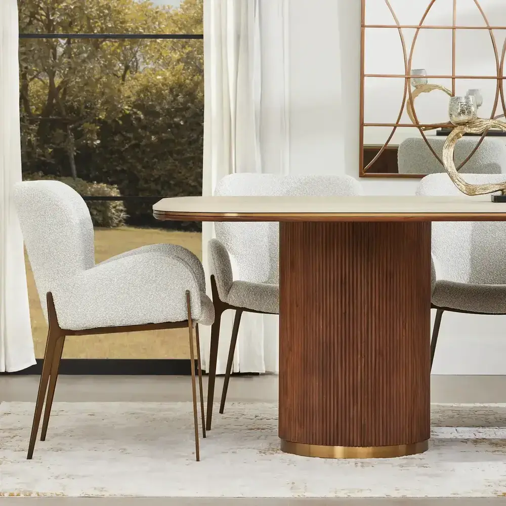 Milana Snow White Boucle Dining Chair - Brass Colour Metal Legs