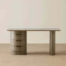 Terzetto Pandora Brown Sintered Stone Desk Table - Medium Brown Wooden Legs