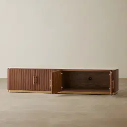 San Pierre Walnut Veneer Entertainment Unit with Travertine Finish Sintered Stone Top