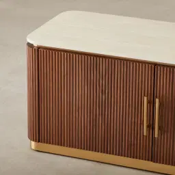 San Pierre Walnut Veneer Entertainment Unit with Travertine Finish Sintered Stone Top