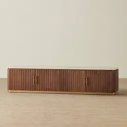 San Pierre Walnut Veneer Entertainment Unit with Travertine Finish Sintered Stone Top