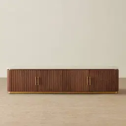 San Pierre Walnut Veneer Entertainment Unit with Travertine Finish Sintered Stone Top