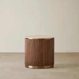 San Pierre Walnut Veneer Side Table with Travertine Finish Sintered Stone Top